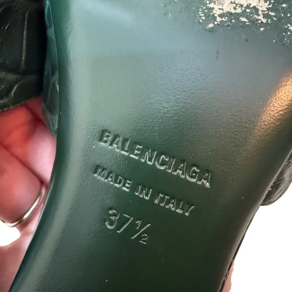 Balenciaga Groupie BB Sandal in Green Croc-Embossed Calfskin leather Size 37.5